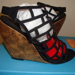 Jean Michel Cazabat Black Stappy Wedge Cage Platform Sandal Show. 38.5